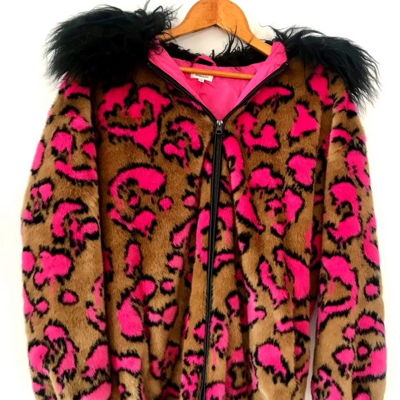 Leopard Print Faux Fur Jacket with Pink Accents - Picture 1 of 2
